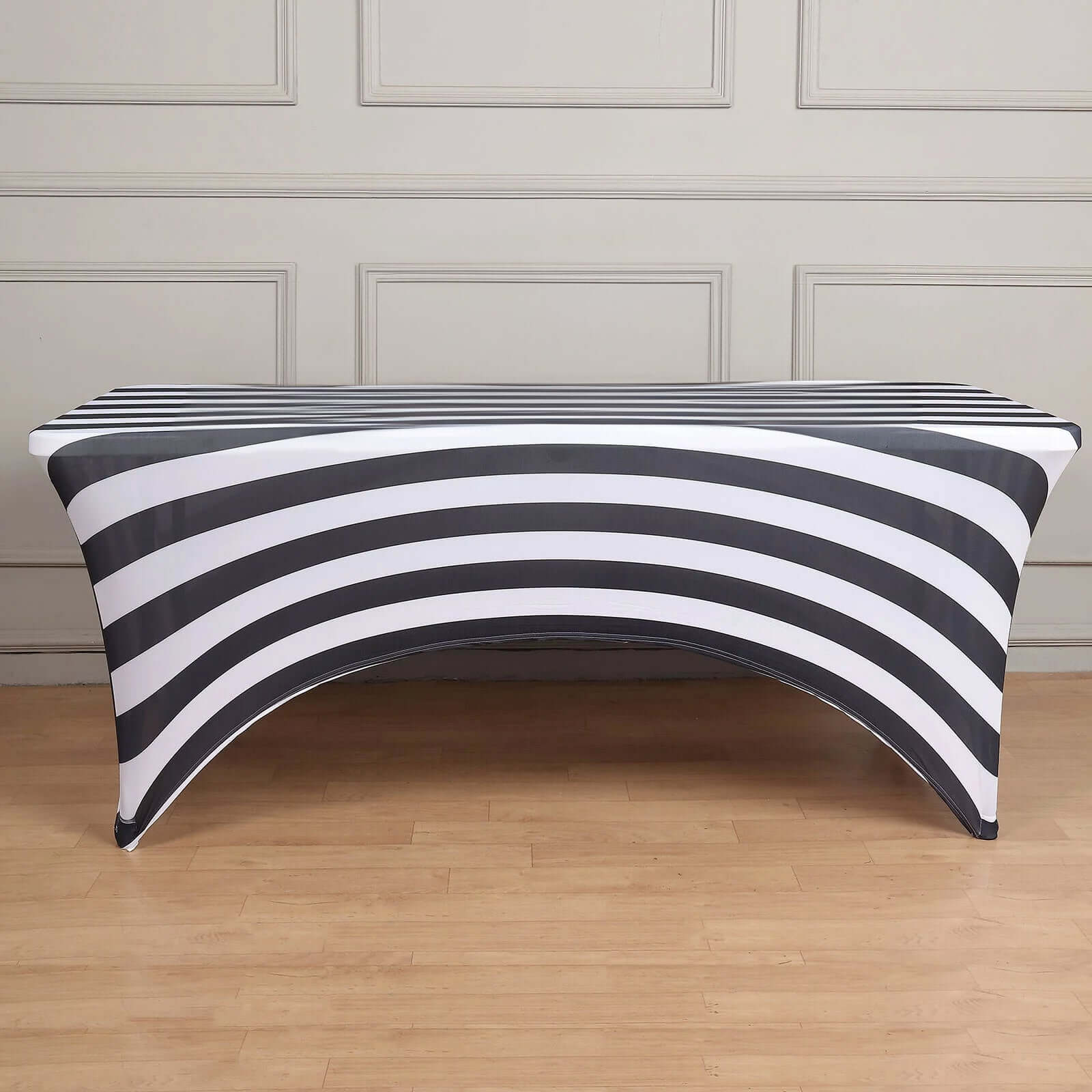 Stretch Spandex 8ft Rectangle Tablecloth Black/White Vertical Stripes - Durable Form - Fitting Tablecloth for Events & Presentations - Bell Racket Store