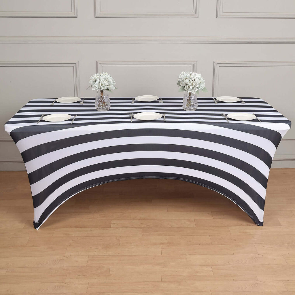 Stretch Spandex 8ft Rectangle Tablecloth Black/White Vertical Stripes - Durable Form - Fitting Tablecloth for Events & Presentations - Bell Racket Store