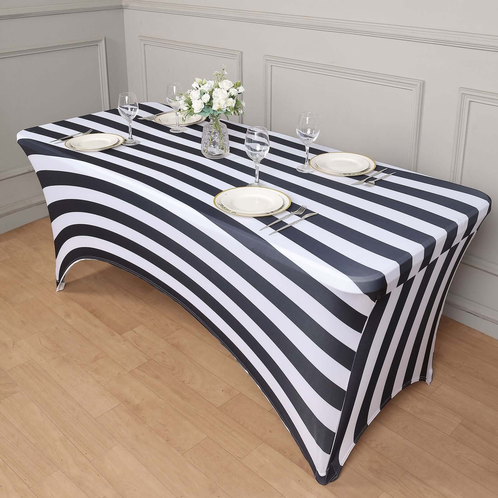 Stretch Spandex 8ft Rectangle Tablecloth Black/White Vertical Stripes - Durable Form - Fitting Tablecloth for Events & Presentations - Bell Racket Store