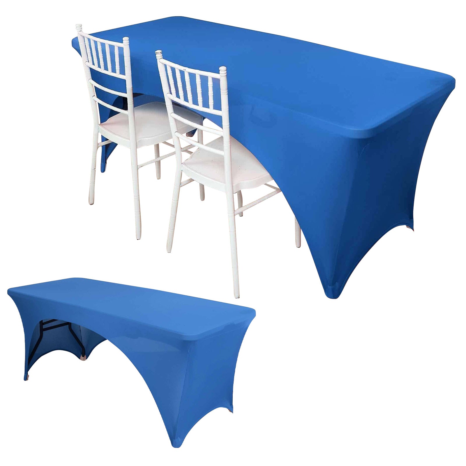 Stretch Spandex 96"x30" Rectangle Table Cover Royal Blue with Curved Open Back Design Tailored Professional Look