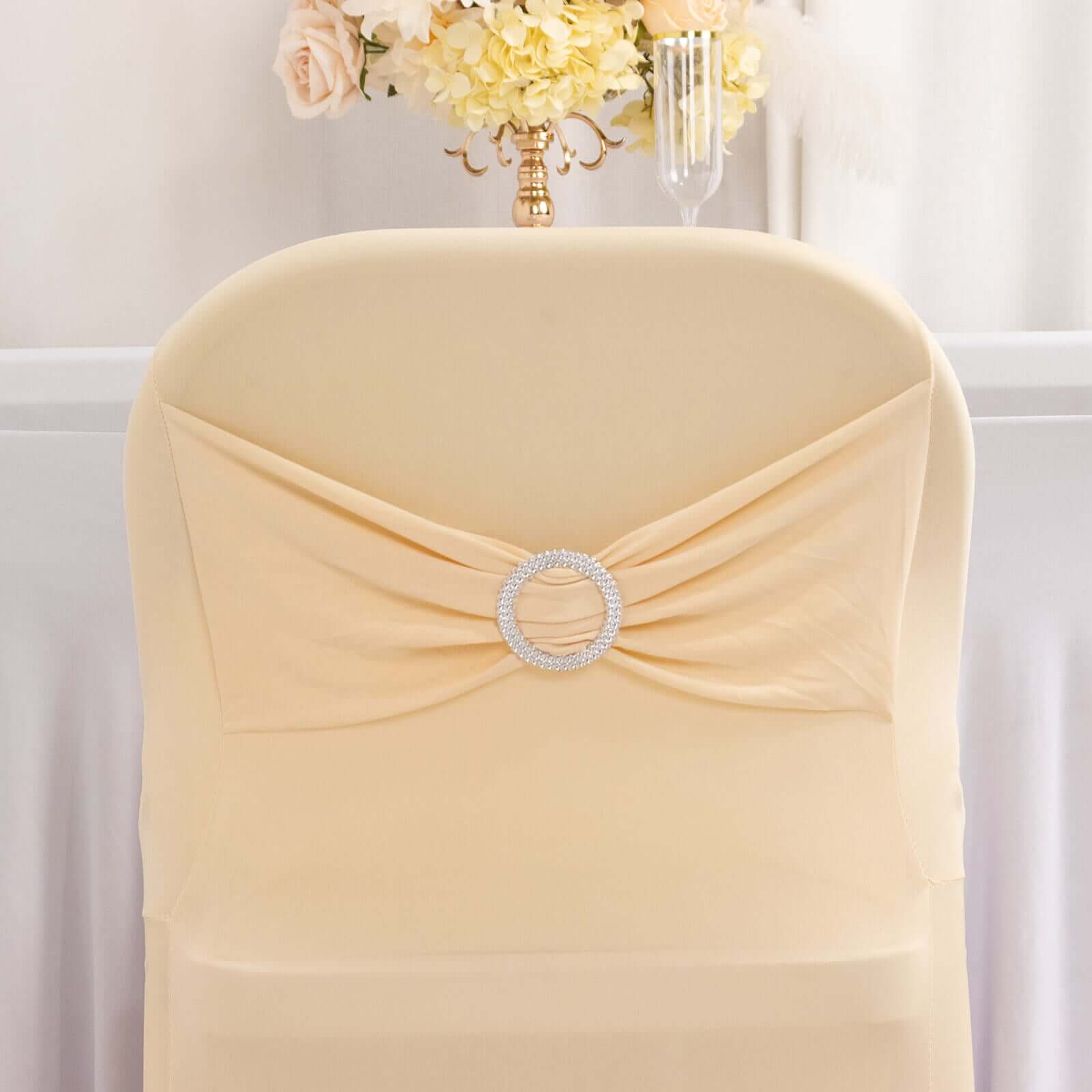 Stretch Spandex Chair Cover Beige for Folding Chairs - Secure Fit Slipcover with Silver Rhinestone Buckled Sash Band - Bell Racket Store