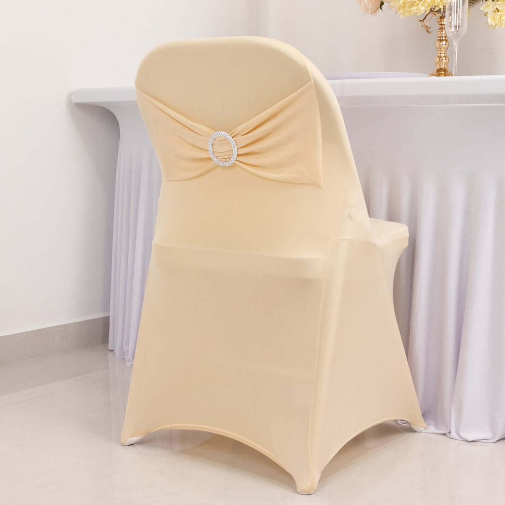Stretch Spandex Chair Cover Beige for Folding Chairs - Secure Fit Slipcover with Silver Rhinestone Buckled Sash Band - Bell Racket Store