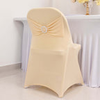 Stretch Spandex Chair Cover Beige for Folding Chairs - Secure Fit Slipcover with Silver Rhinestone Buckled Sash Band - Bell Racket Store