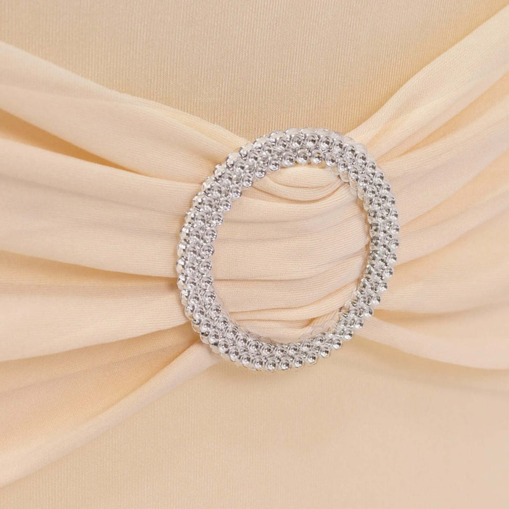 Stretch Spandex Chair Cover Beige for Folding Chairs - Secure Fit Slipcover with Silver Rhinestone Buckled Sash Band - Bell Racket Store