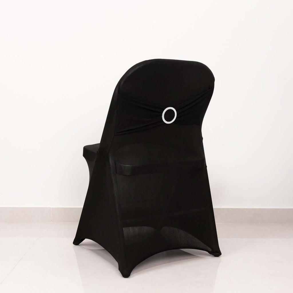 Stretch Spandex Chair Cover Black for Folding Chairs - Enhanced Style & Secure Fit Slipcover with Stunning Silver Rhinestone Buckled Sash Band - Bell Racket Store