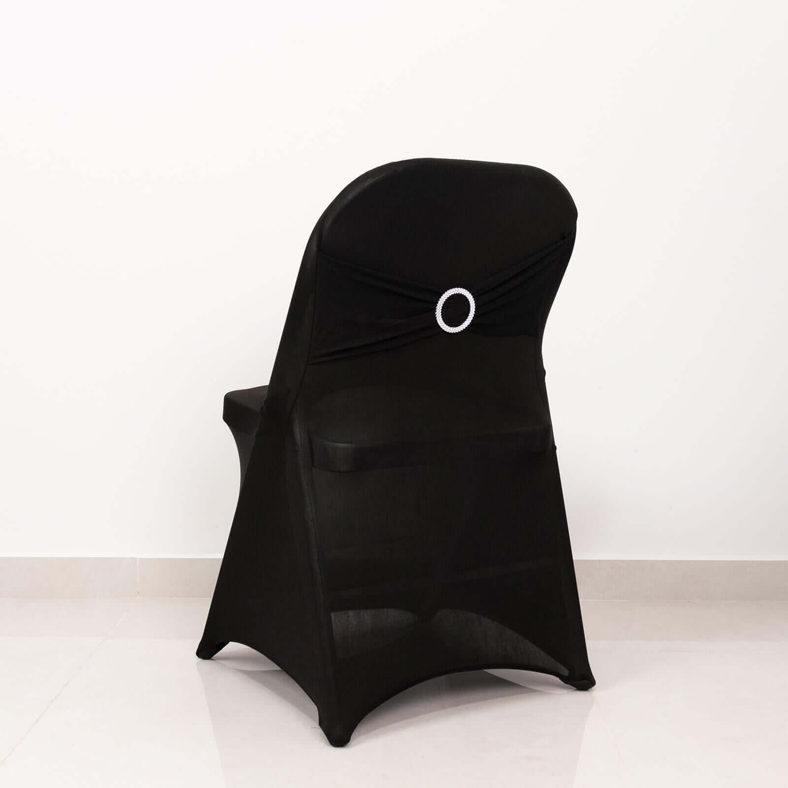 Stretch Spandex Chair Cover Black for Folding Chairs - Enhanced Style & Secure Fit Slipcover with Stunning Silver Rhinestone Buckled Sash Band - Bell Racket Store