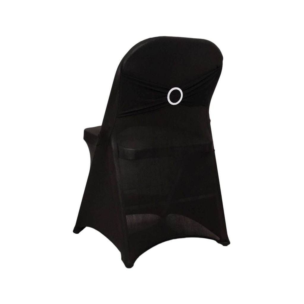 Stretch Spandex Chair Cover Black for Folding Chairs - Enhanced Style & Secure Fit Slipcover with Stunning Silver Rhinestone Buckled Sash Band - Bell Racket Store