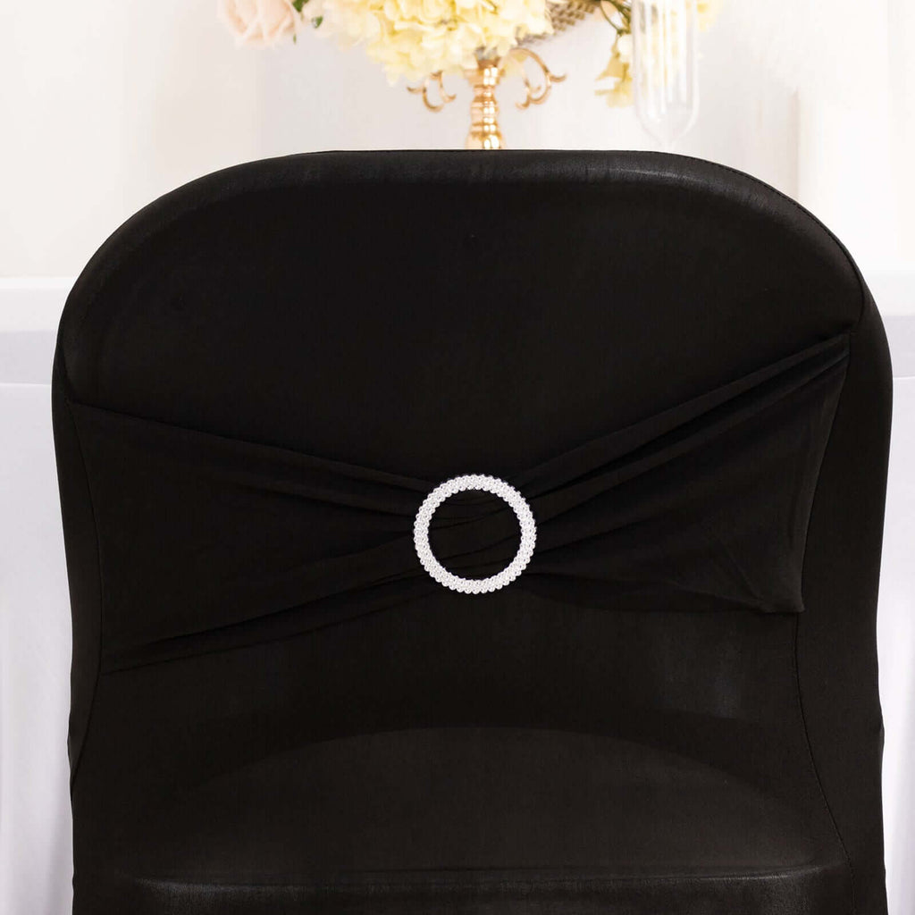 Stretch Spandex Chair Cover Black for Folding Chairs - Enhanced Style & Secure Fit Slipcover with Stunning Silver Rhinestone Buckled Sash Band - Bell Racket Store