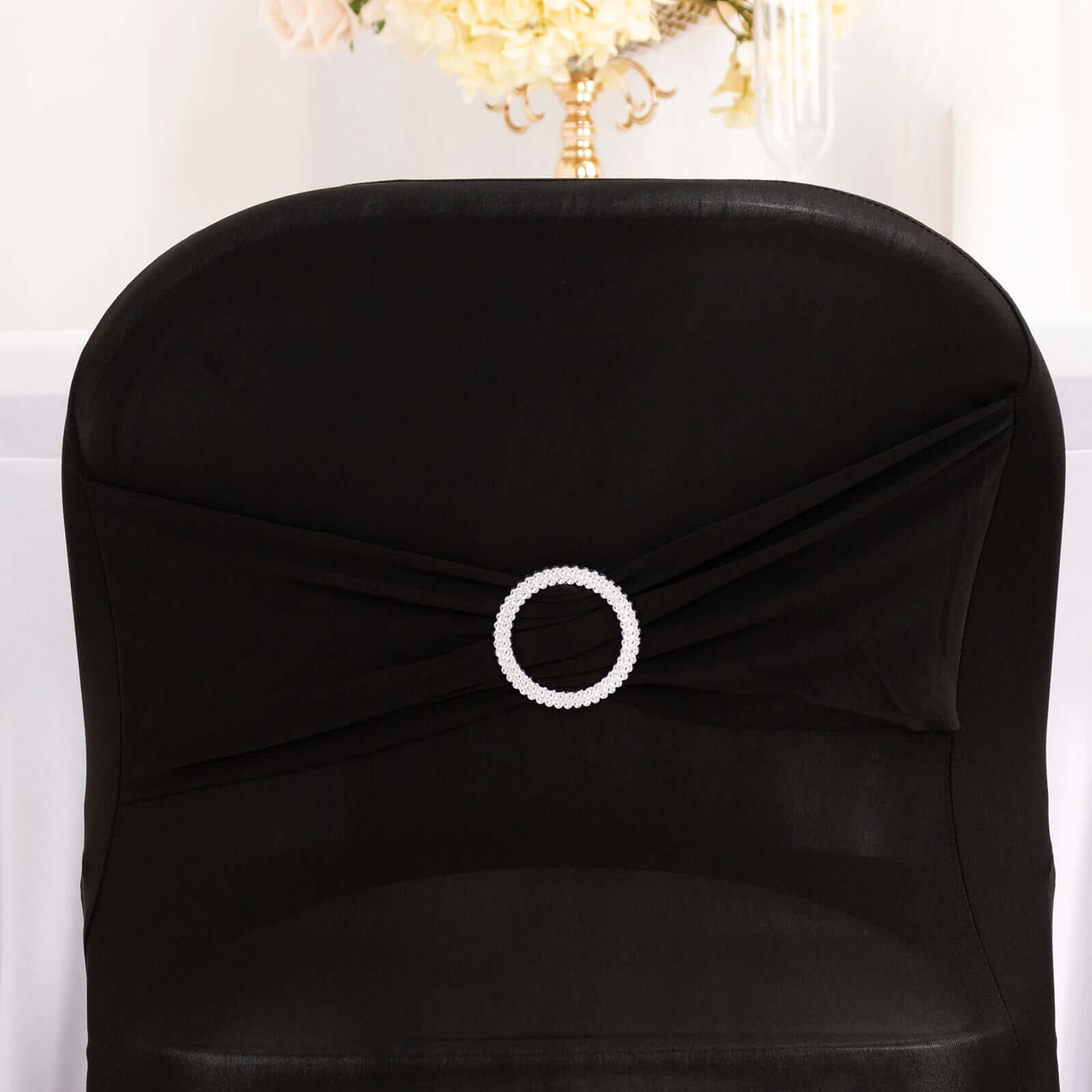 Stretch Spandex Chair Cover Black for Folding Chairs - Enhanced Style & Secure Fit Slipcover with Stunning Silver Rhinestone Buckled Sash Band - Bell Racket Store