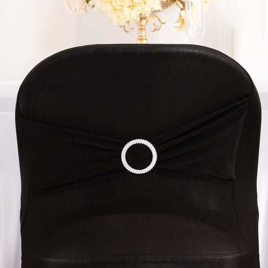 Stretch Spandex Chair Cover Black for Folding Chairs - Enhanced Style & Secure Fit Slipcover with Stunning Silver Rhinestone Buckled Sash Band - Bell Racket Store