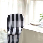 Stretch Spandex Chair Cover Black/White for Folding Chairs - 2" Striped Wrinkle Resistant Classy 160GSM Fitted Slipcover With Foot Pockets - Bell Racket Store