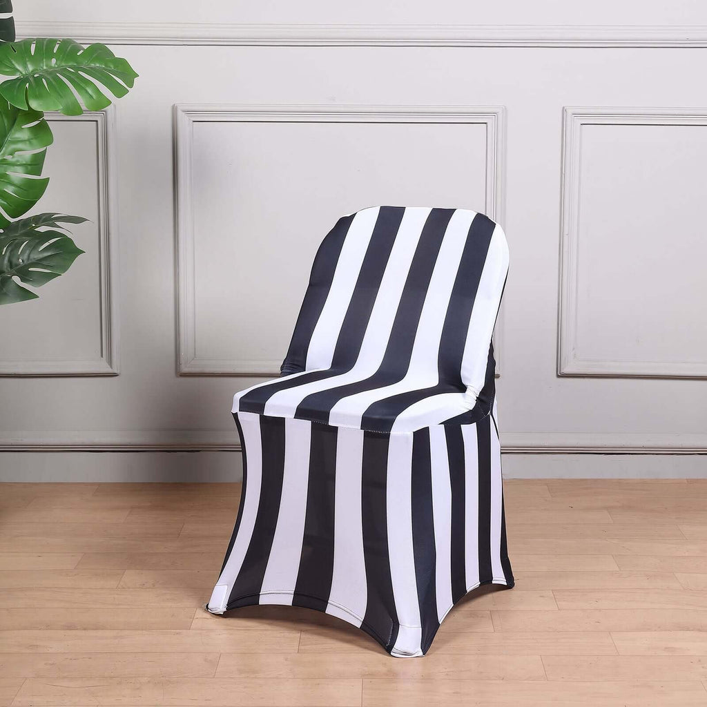 Stretch Spandex Chair Cover Black/White for Folding Chairs - 2" Striped Wrinkle Resistant Classy 160GSM Fitted Slipcover With Foot Pockets - Bell Racket Store