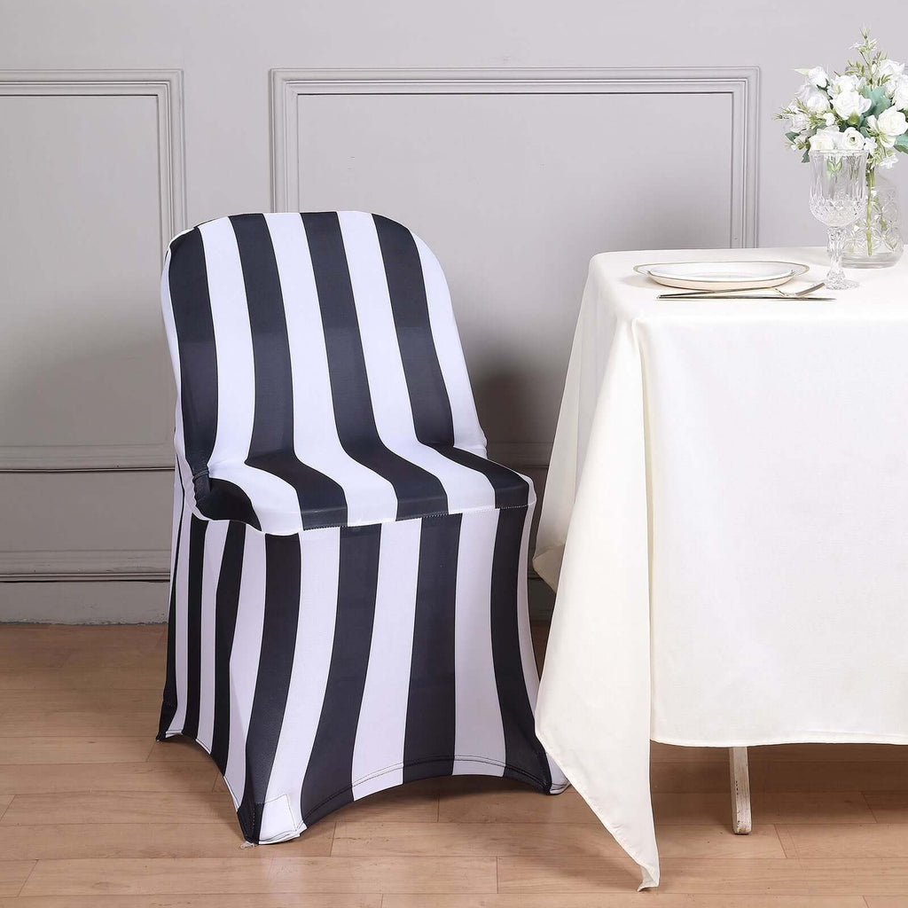 Stretch Spandex Chair Cover Black/White for Folding Chairs - 2" Striped Wrinkle Resistant Classy 160GSM Fitted Slipcover With Foot Pockets - Bell Racket Store