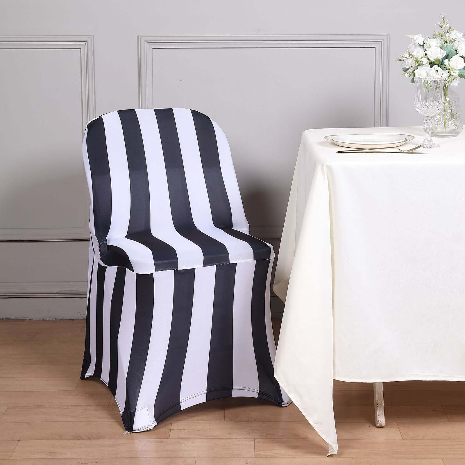 Stretch Spandex Chair Cover Black/White for Folding Chairs - 2" Striped Wrinkle Resistant Classy 160GSM Fitted Slipcover With Foot Pockets - Bell Racket Store
