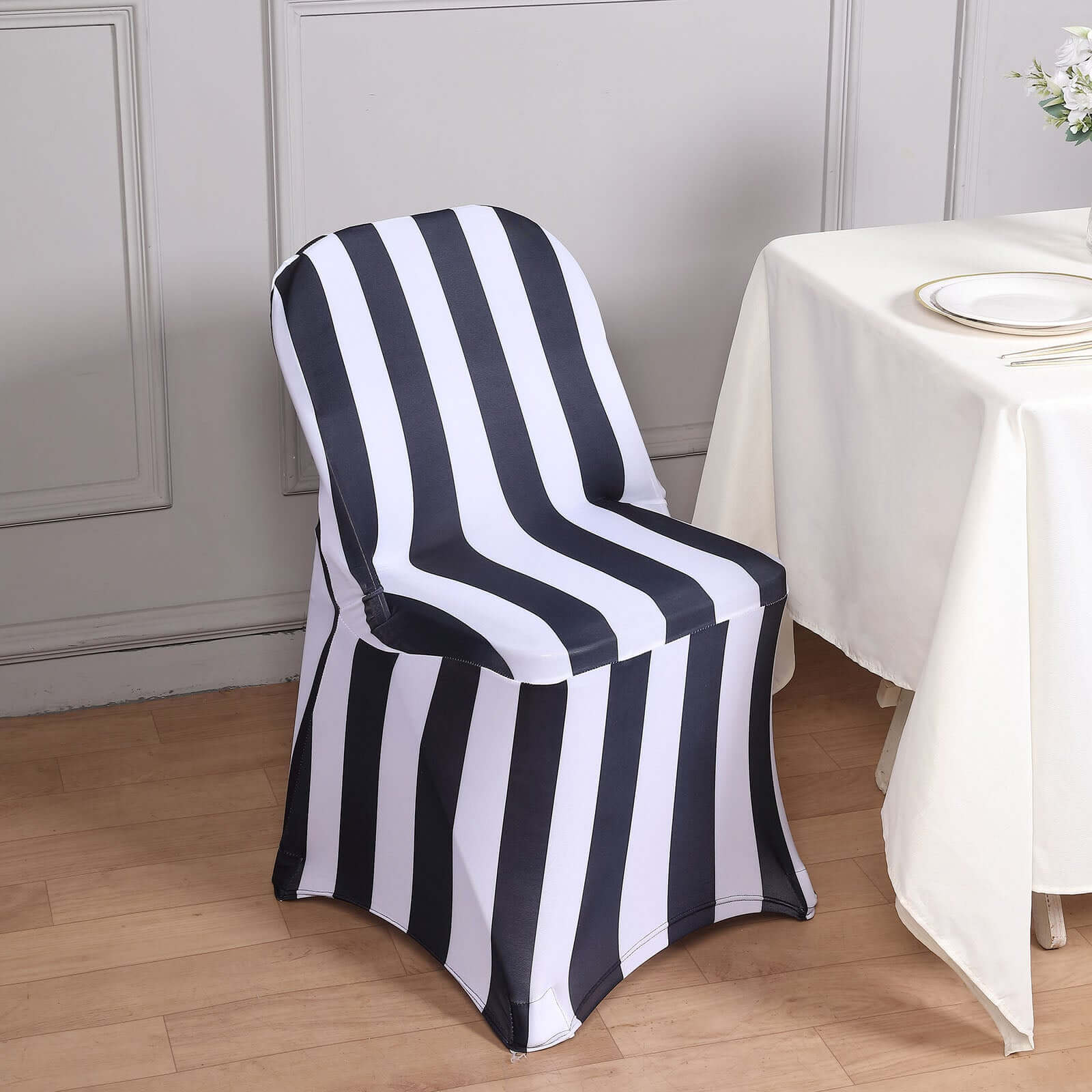 Stretch Spandex Chair Cover Black/White for Folding Chairs - 2" Striped Wrinkle Resistant Classy 160GSM Fitted Slipcover With Foot Pockets - Bell Racket Store
