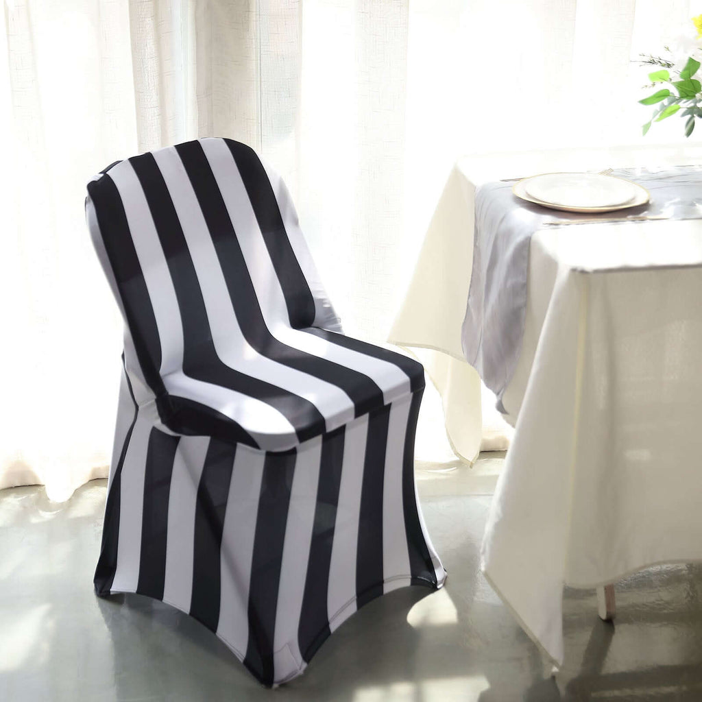 Stretch Spandex Chair Cover Black/White for Folding Chairs - 2" Striped Wrinkle Resistant Classy 160GSM Fitted Slipcover With Foot Pockets - Bell Racket Store