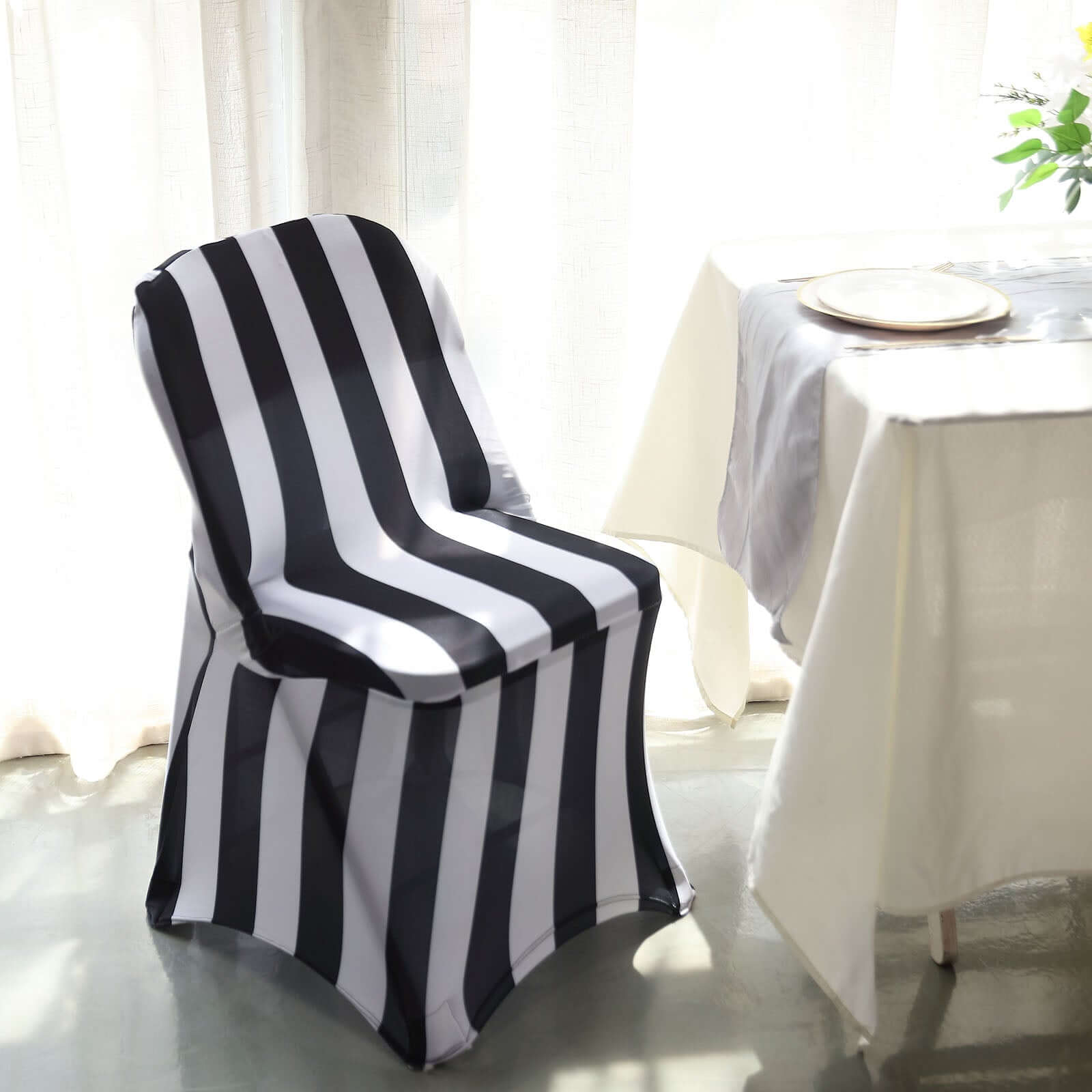 Stretch Spandex Chair Cover Black/White for Folding Chairs - 2" Striped Wrinkle Resistant Classy 160GSM Fitted Slipcover With Foot Pockets - Bell Racket Store