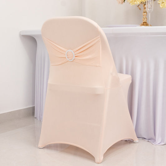 Stretch Spandex Chair Cover Blush for Folding Chairs - Secure Fit Slipcover with Silver Rhinestone Buckled Sash Band - Bell Racket Store