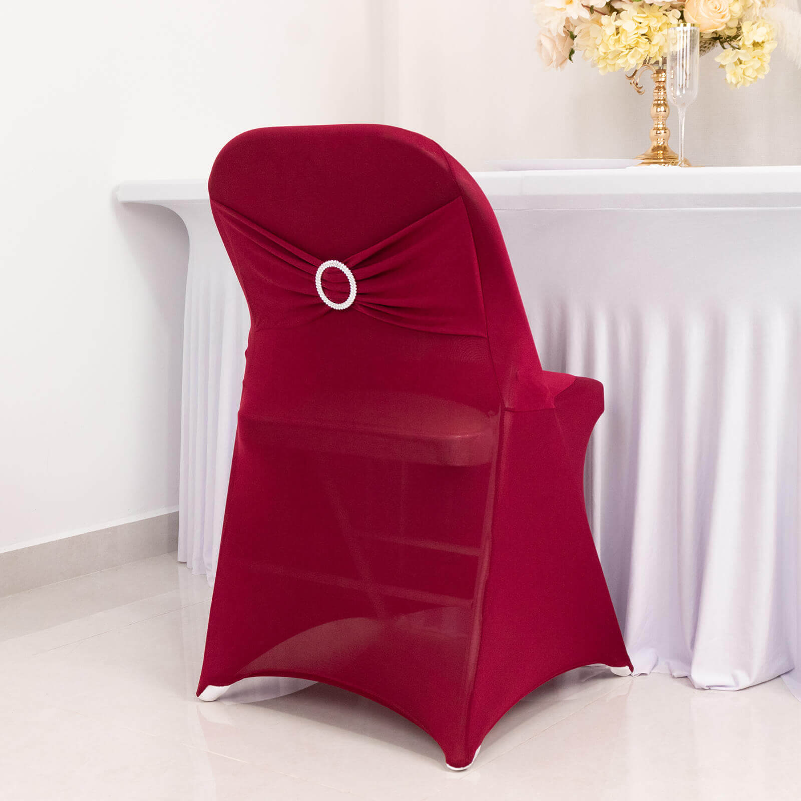 Stretch Spandex Chair Cover Burgundy for Folding Chairs - Secure Fit Slipcover with Silver Rhinestone Buckled Sash Band - Bell Racket Store