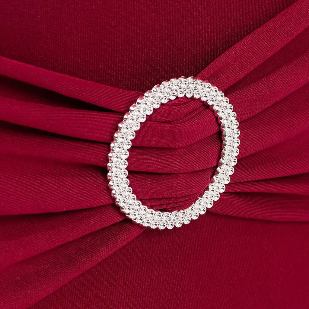 Stretch Spandex Chair Cover Burgundy for Folding Chairs - Secure Fit Slipcover with Silver Rhinestone Buckled Sash Band - Bell Racket Store