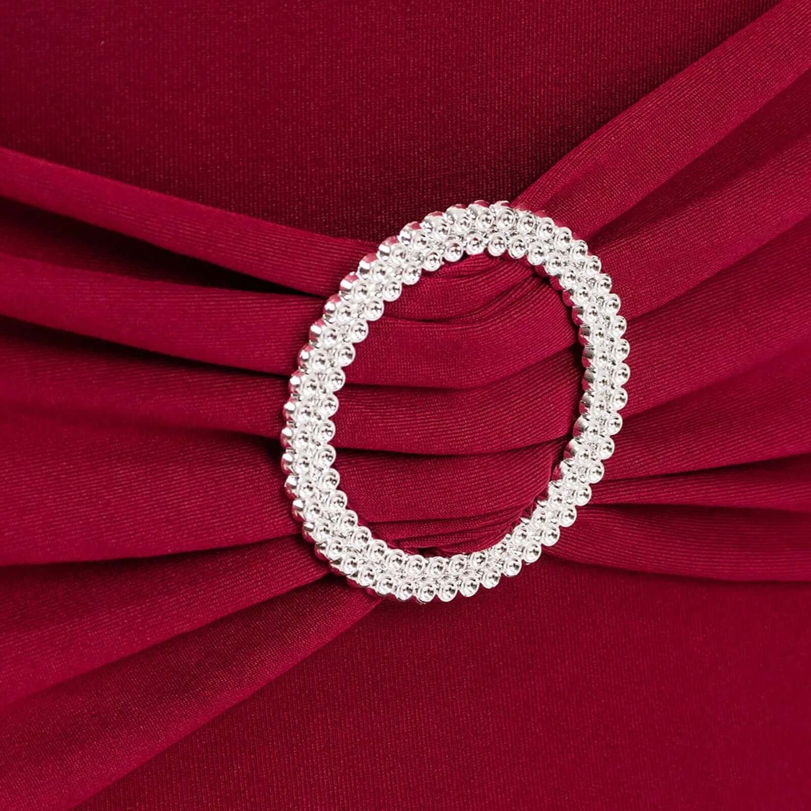 Stretch Spandex Chair Cover Burgundy for Folding Chairs - Secure Fit Slipcover with Silver Rhinestone Buckled Sash Band - Bell Racket Store