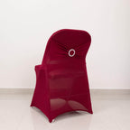 Stretch Spandex Chair Cover Burgundy for Folding Chairs - Secure Fit Slipcover with Silver Rhinestone Buckled Sash Band - Bell Racket Store