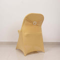 Stretch Spandex Chair Cover Champagne for Folding Chairs - Secure Fit Slipcover with Silver Rhinestone Buckled Sash Band - Bell Racket Store
