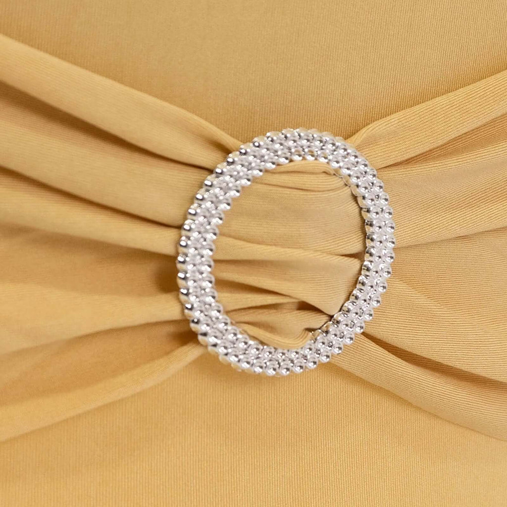 Stretch Spandex Chair Cover Champagne for Folding Chairs - Secure Fit Slipcover with Silver Rhinestone Buckled Sash Band - Bell Racket Store