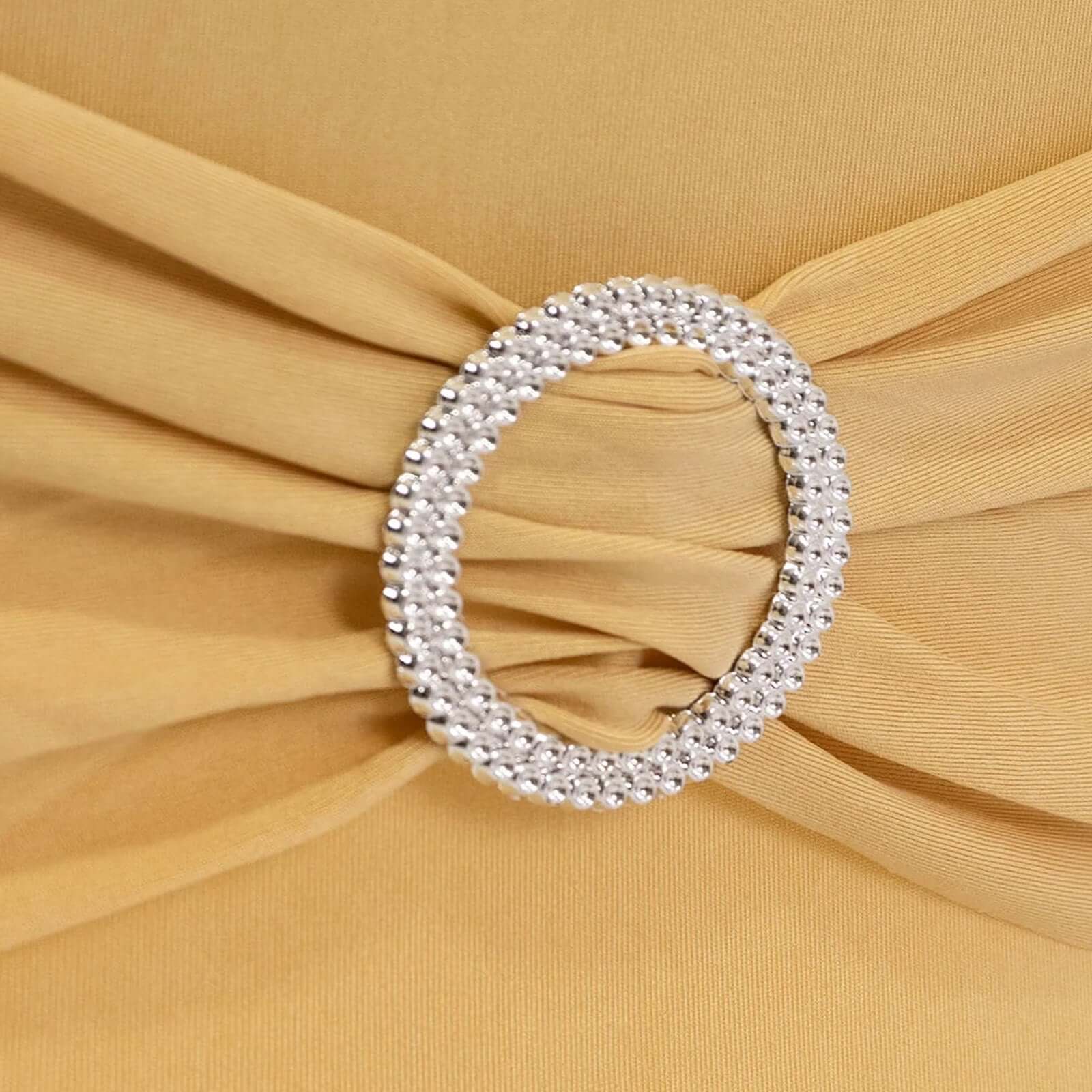 Stretch Spandex Chair Cover Champagne for Folding Chairs - Secure Fit Slipcover with Silver Rhinestone Buckled Sash Band - Bell Racket Store