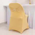 Stretch Spandex Chair Cover Champagne for Folding Chairs - Secure Fit Slipcover with Silver Rhinestone Buckled Sash Band - Bell Racket Store
