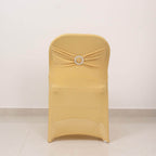 Stretch Spandex Chair Cover Champagne for Folding Chairs - Secure Fit Slipcover with Silver Rhinestone Buckled Sash Band - Bell Racket Store