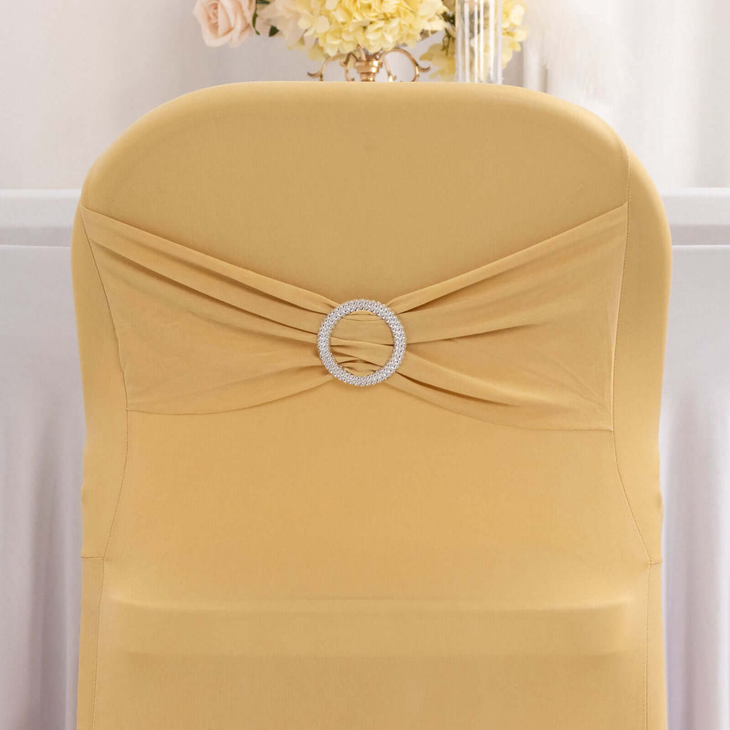 Stretch Spandex Chair Cover Champagne for Folding Chairs - Secure Fit Slipcover with Silver Rhinestone Buckled Sash Band - Bell Racket Store