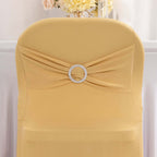 Stretch Spandex Chair Cover Champagne for Folding Chairs - Secure Fit Slipcover with Silver Rhinestone Buckled Sash Band - Bell Racket Store