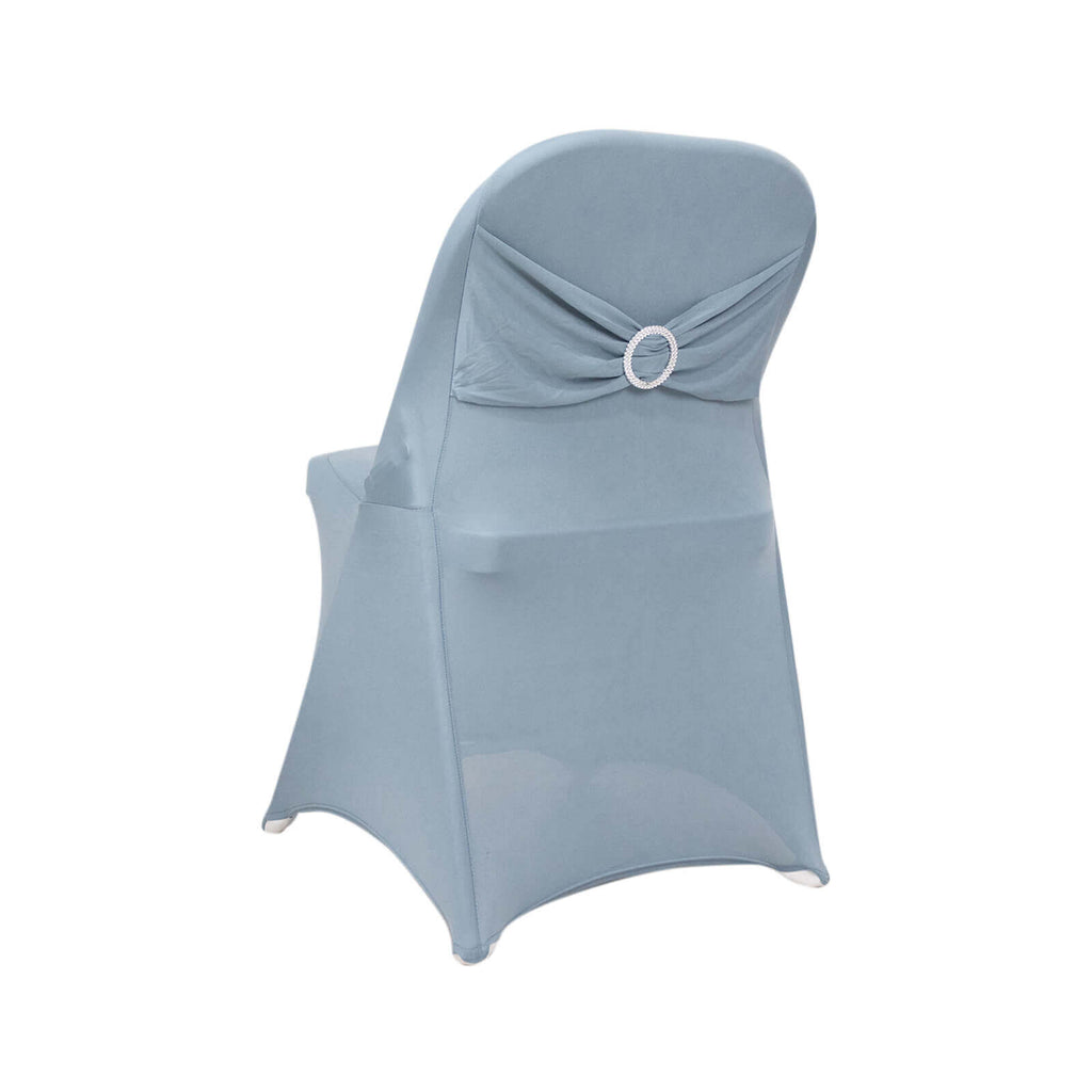 Stretch Spandex Chair Cover Dusty Blue for Folding Chairs - Secure Fit Slipcover with Silver Rhinestone Buckled Sash Band - Bell Racket Store