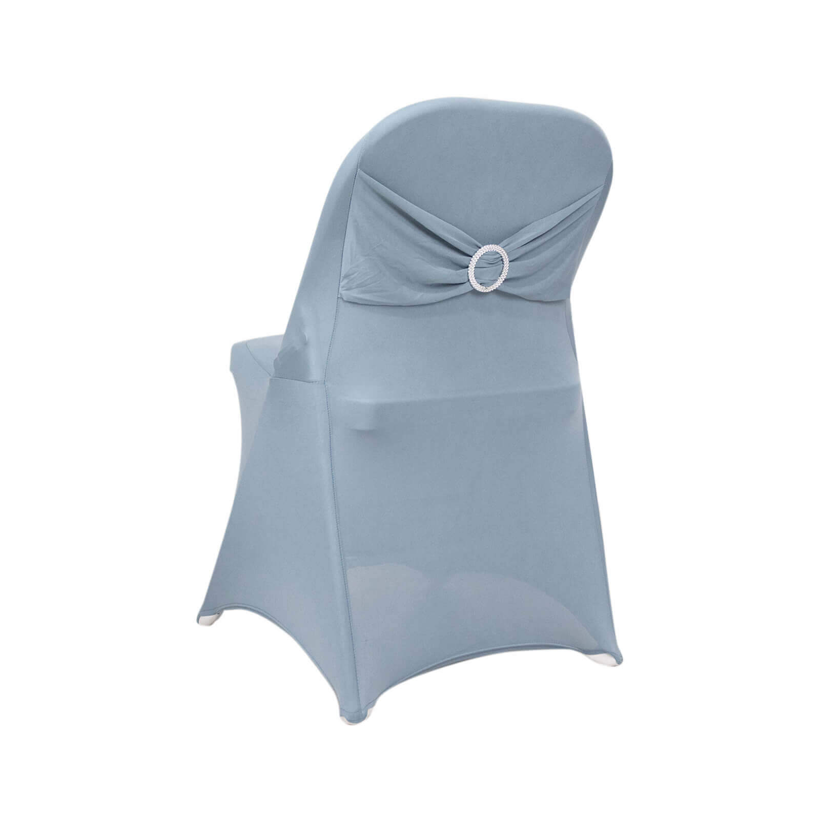 Stretch Spandex Chair Cover Dusty Blue for Folding Chairs - Secure Fit Slipcover with Silver Rhinestone Buckled Sash Band - Bell Racket Store