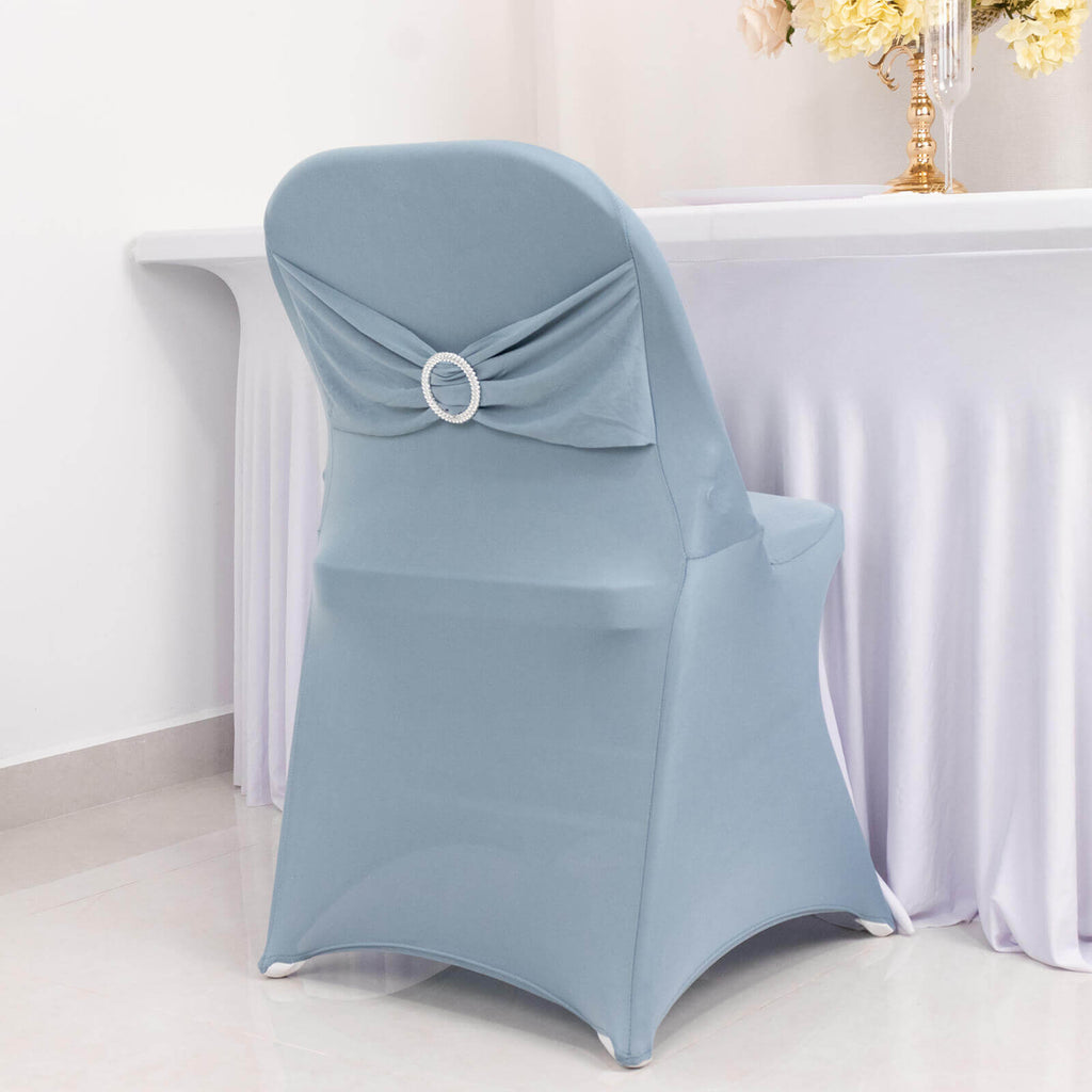 Stretch Spandex Chair Cover Dusty Blue for Folding Chairs - Secure Fit Slipcover with Silver Rhinestone Buckled Sash Band - Bell Racket Store