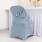 Stretch Spandex Chair Cover Dusty Blue for Folding Chairs - Secure Fit Slipcover with Silver Rhinestone Buckled Sash Band - Bell Racket Store