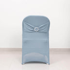 Stretch Spandex Chair Cover Dusty Blue for Folding Chairs - Secure Fit Slipcover with Silver Rhinestone Buckled Sash Band - Bell Racket Store