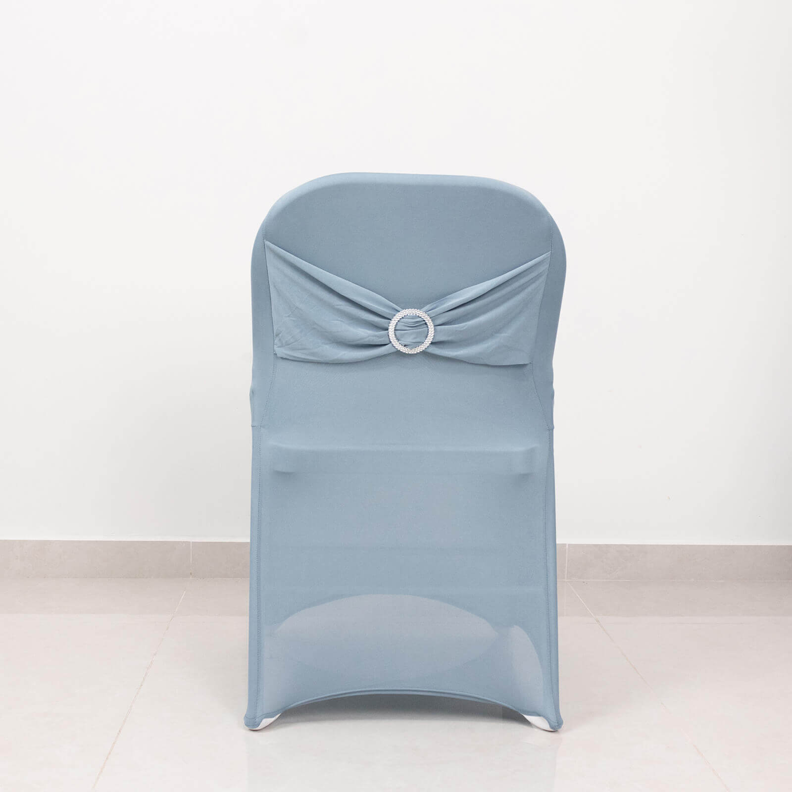 Stretch Spandex Chair Cover Dusty Blue for Folding Chairs - Secure Fit Slipcover with Silver Rhinestone Buckled Sash Band - Bell Racket Store
