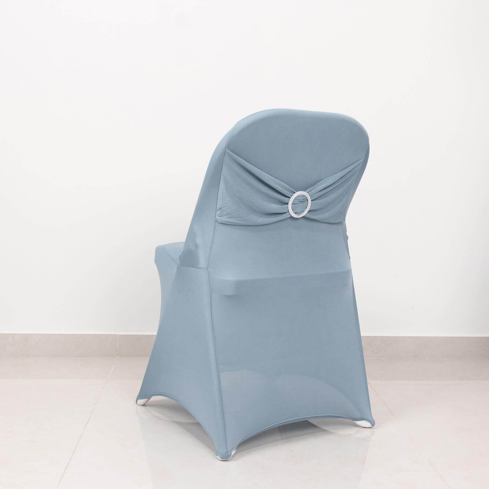 Stretch Spandex Chair Cover Dusty Blue for Folding Chairs - Secure Fit Slipcover with Silver Rhinestone Buckled Sash Band - Bell Racket Store
