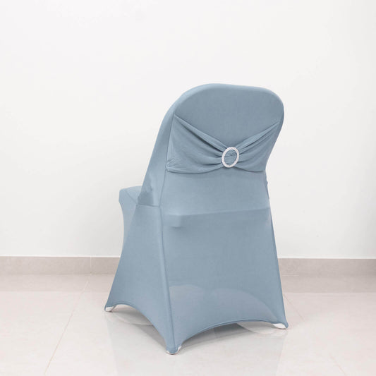Stretch Spandex Chair Cover Dusty Blue for Folding Chairs - Secure Fit Slipcover with Silver Rhinestone Buckled Sash Band - Bell Racket Store