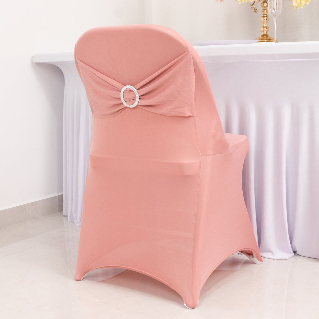 Stretch Spandex Chair Cover Dusty Rose for Folding Chairs - Secure Fit Slipcover with Silver Rhinestone Buckled Sash Band - Bell Racket Store