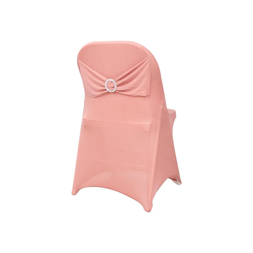 Stretch Spandex Chair Cover Dusty Rose for Folding Chairs - Secure Fit Slipcover with Silver Rhinestone Buckled Sash Band - Bell Racket Store