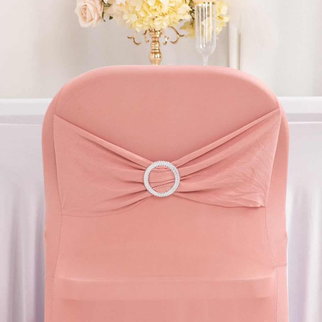 Stretch Spandex Chair Cover Dusty Rose for Folding Chairs - Secure Fit Slipcover with Silver Rhinestone Buckled Sash Band - Bell Racket Store