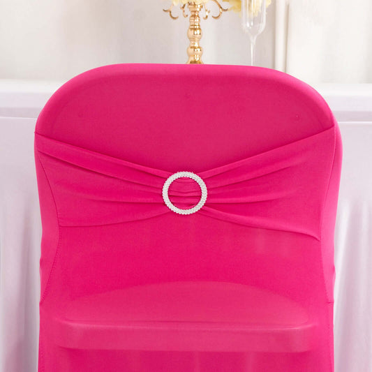 Stretch Spandex Chair Cover Fuchsia for Folding Chairs - Secure Fit Slipcover with Silver Rhinestone Buckled Sash Band - Bell Racket Store