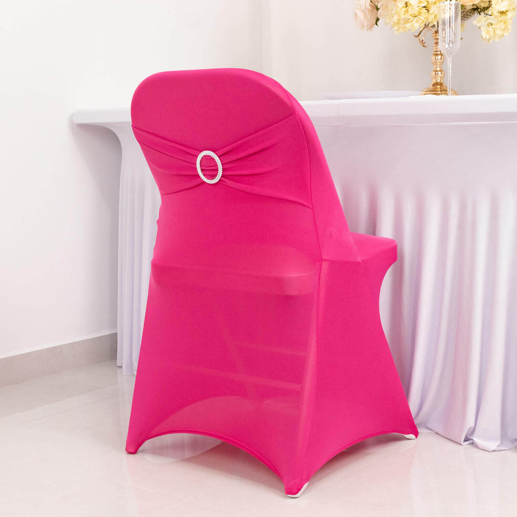 Stretch Spandex Chair Cover Fuchsia for Folding Chairs - Secure Fit Slipcover with Silver Rhinestone Buckled Sash Band - Bell Racket Store