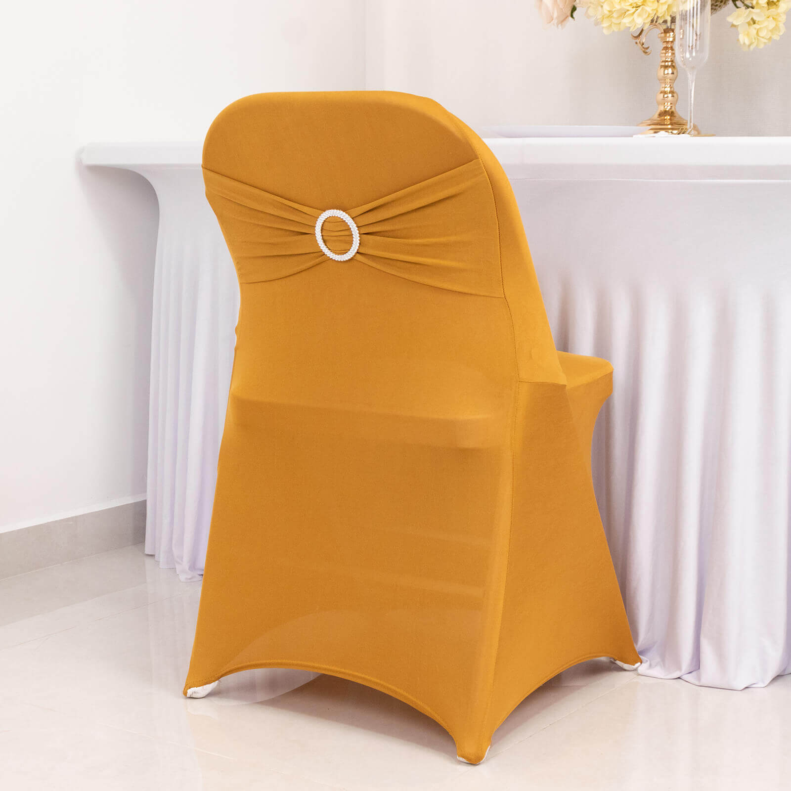 Stretch Spandex Chair Cover Gold for Folding Chairs - Enhanced Style & Secure Fit Slipcover with Stunning Silver Rhinestone Buckled Sash Band - Bell Racket Store