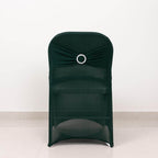 Stretch Spandex Chair Cover Hunter Emerald Green for Folding Chairs - Secure Fit Slipcover with Silver Rhinestone Buckled Sash Band - Bell Racket Store
