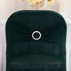 Stretch Spandex Chair Cover Hunter Emerald Green for Folding Chairs - Secure Fit Slipcover with Silver Rhinestone Buckled Sash Band - Bell Racket Store