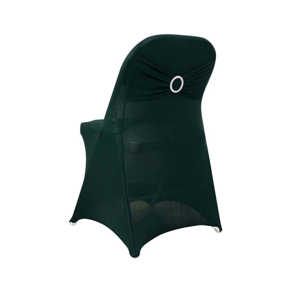 Stretch Spandex Chair Cover Hunter Emerald Green for Folding Chairs - Secure Fit Slipcover with Silver Rhinestone Buckled Sash Band - Bell Racket Store